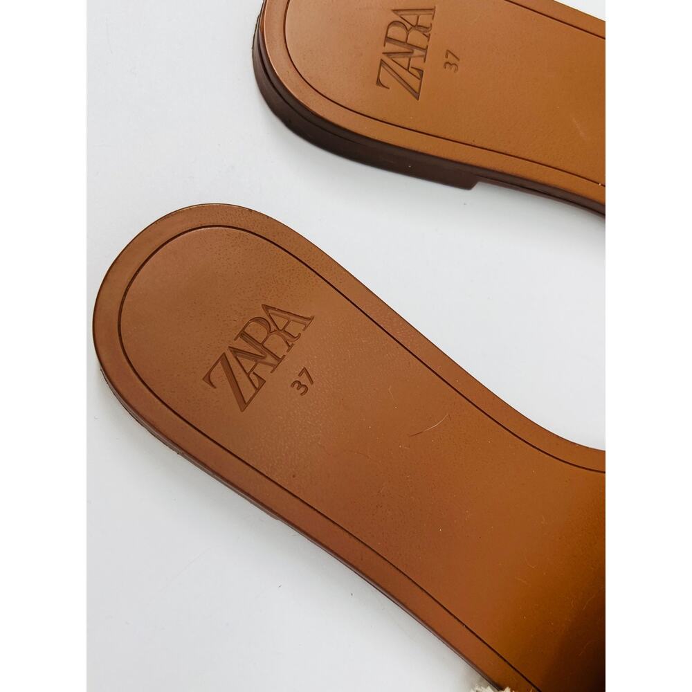 Zara Women's Cream Flat Sandal With Fringe Size 6.5 - 7 EU37 Vacation Resortwear - Picture 2 of 5